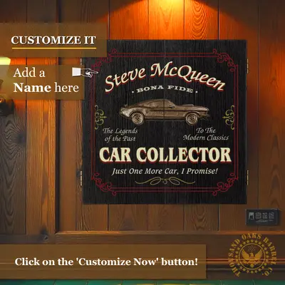 Personalized car collector dartboard cabinet showing custom name option and classic car design.