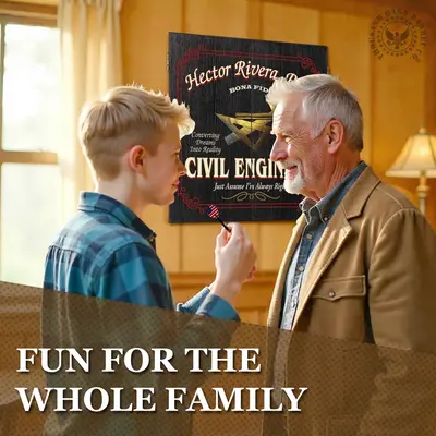Personalized Civil Engineer dartboard cabinet mounted on wall with grandfather and grandson playing darts in living room