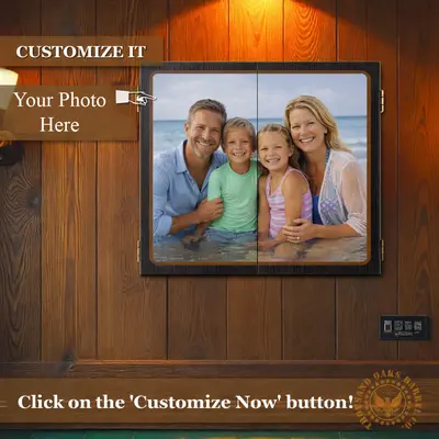 Wall-mounted custom dartboard cabinet featuring a personalized family beach photo printed on the cabinet doors.