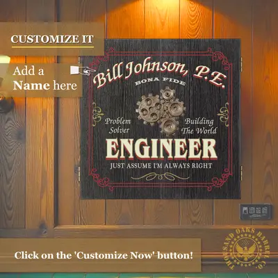 Custom engineer dartboard cabinet with name personalization option and industrial gear artwork.