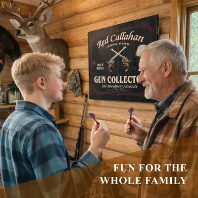 Personalized gun collector dartboard displayed in rustic hunters cabin with family playing darts