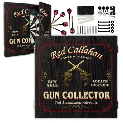 Personalized gun collector dartboard set with cabinet, steel-tip darts, and mounting hardware included