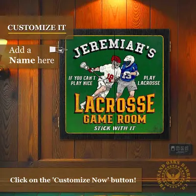 Custom name lacrosse dartboard cabinet mounted on wall with personalization preview and customize message.