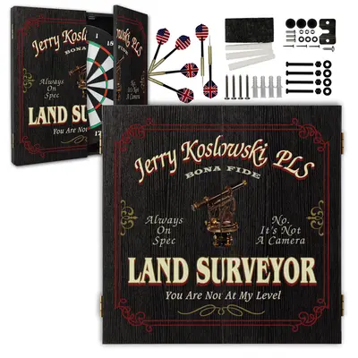 Custom land surveyor dartboard cabinet set with personalized name, darts, and mounting hardware included
