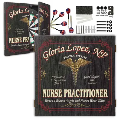 Personalized Nurse Practitioner dartboard cabinet set with custom name, dartboard, darts and mounting hardware included