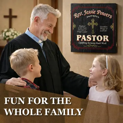 Personalized Pastor dartboard cabinet displayed in church office with pastor speaking to two children