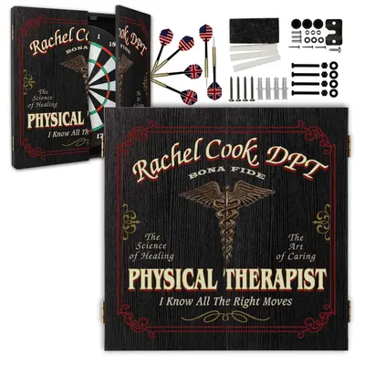 Personalized physical therapist dartboard cabinet set with darts and mounting hardware included