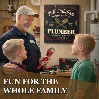Personalized Plumber dartboard cabinet displayed in workshop with plumber holding pipe wrench and two boys