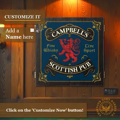 Personalized Scottish Pub dartboard cabinet wall mounted with custom family name and red lion crest design in navy and gold.