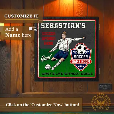 Personalized soccer dartboard cabinet with custom name mounted on wood game room wall