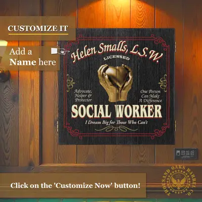 Custom social worker dartboard cabinet mounted on wood wall with personalized name and professional licensed social worker design.