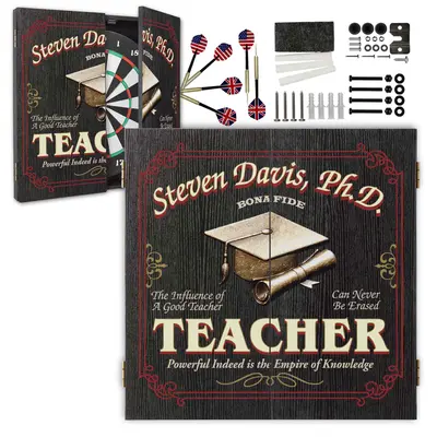 Personalized teacher dartboard cabinet set with custom name design, graduation cap artwork, darts and mounting hardware included