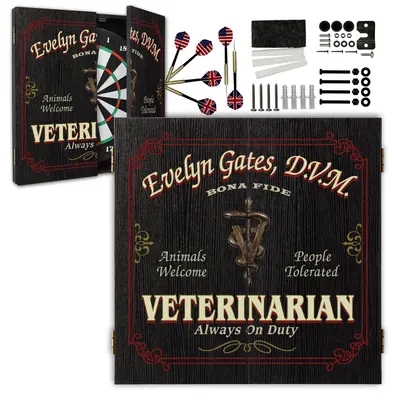 Personalized veterinarian dartboard cabinet set with custom name design and veterinary emblem, includes darts and mounting hardware