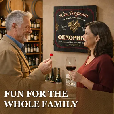 Personalized Oenophile dartboard cabinet mounted in winery setting with man and woman holding wine glasses