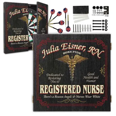 Open personalized registered nurse dartboard cabinet set with darts and mounting hardware included.