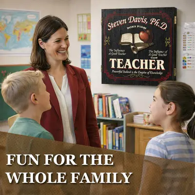 Female teacher smiling with students in classroom with personalized teacher dartboard cabinet displayed on wall reading “Fun for the Whole Family”