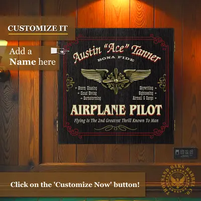 Personalized airplane pilot dartboard cabinet showing custom name design and aviation wings emblem