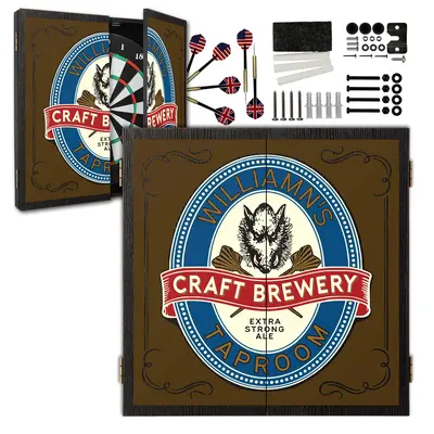 Custom brewery dartboard cabinet set with bristle dartboard, 6 darts, and mounting hardware included