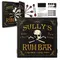 Custom Sully’s Rum Bar dartboard cabinet set featuring a skull and crossbones pirate design, personalized name text, steel-tip darts, and complete mounting hardware on a white background.