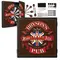 Personalized English pub dartboard cabinet set with custom name “Bryson’s Fine Ale Pub,” featuring a vintage crest design, opening doors revealing a bristle dartboard, steel-tip darts, and full mounting hardware.