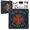 Personalized  Fire Department Station No. 9 dartboard cabinet set with custom name option, blue and red firehouse emblem design, steel tip darts, and mounting hardware included.