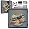 Personalized aviation dartboard cabinet set open with dartboard, steel tip darts, and mounting hardware included