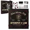 Attorney themed dartboard cabinet with customizable name option and Lady Justice emblem displayed on wooden wall.