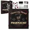 Personalized pharmacist dartboard cabinet set open with dartboard, six darts, mounting hardware, and custom name design.